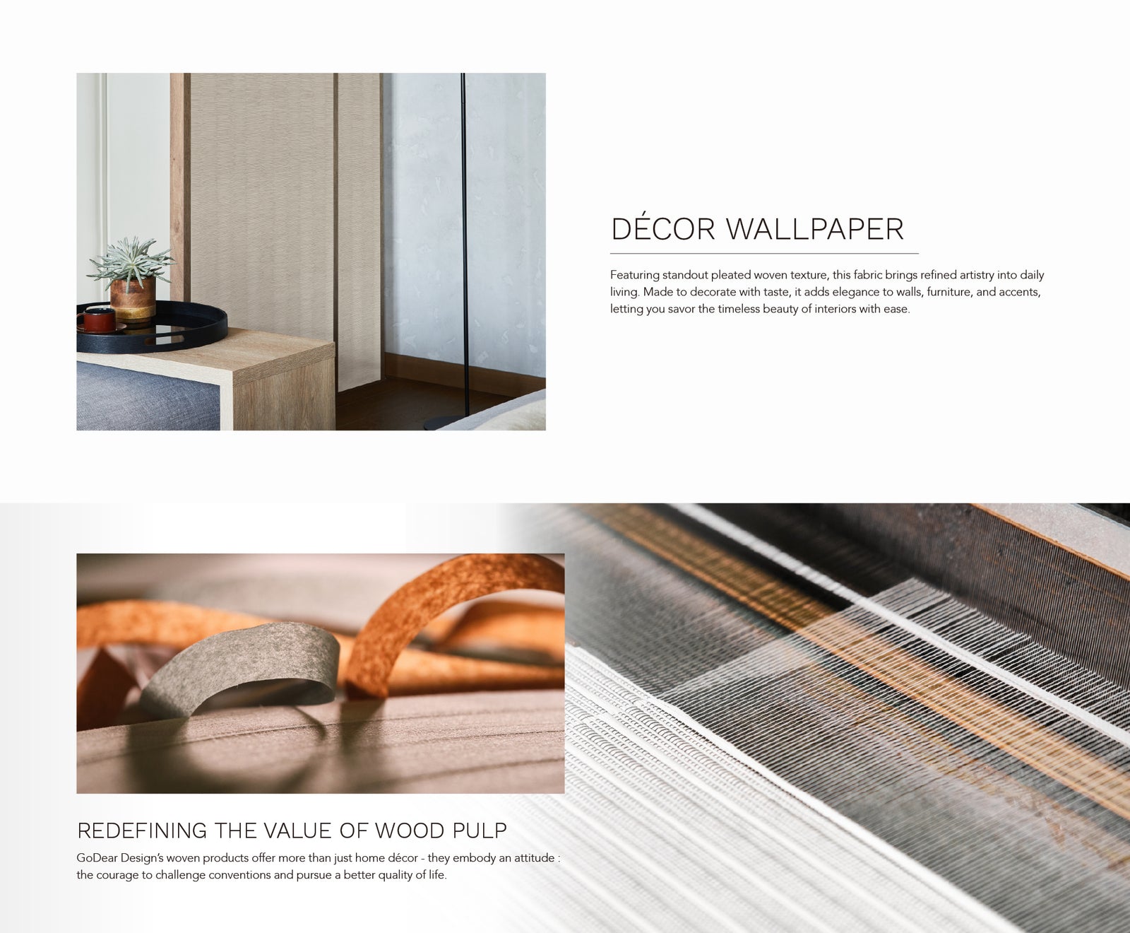 GoDear Design_Decorative wallpaper with wood texture and text about redefining the value of wood pulp.