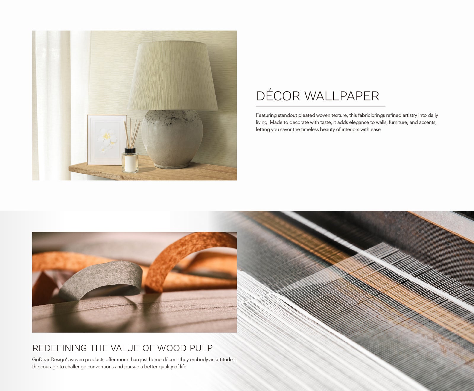 GoDear Design_Decorative wallpaper with a focus on wood pulp, shown in a lifestyle setting with a lamp and decor items.