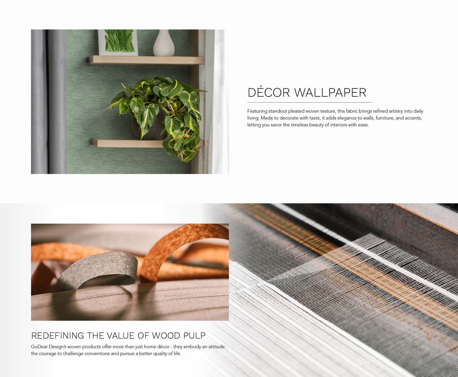 GoDear Design_Decorative wallpaper with green wall, shelves, and plant, featuring text about GoDear Designer's wood products.