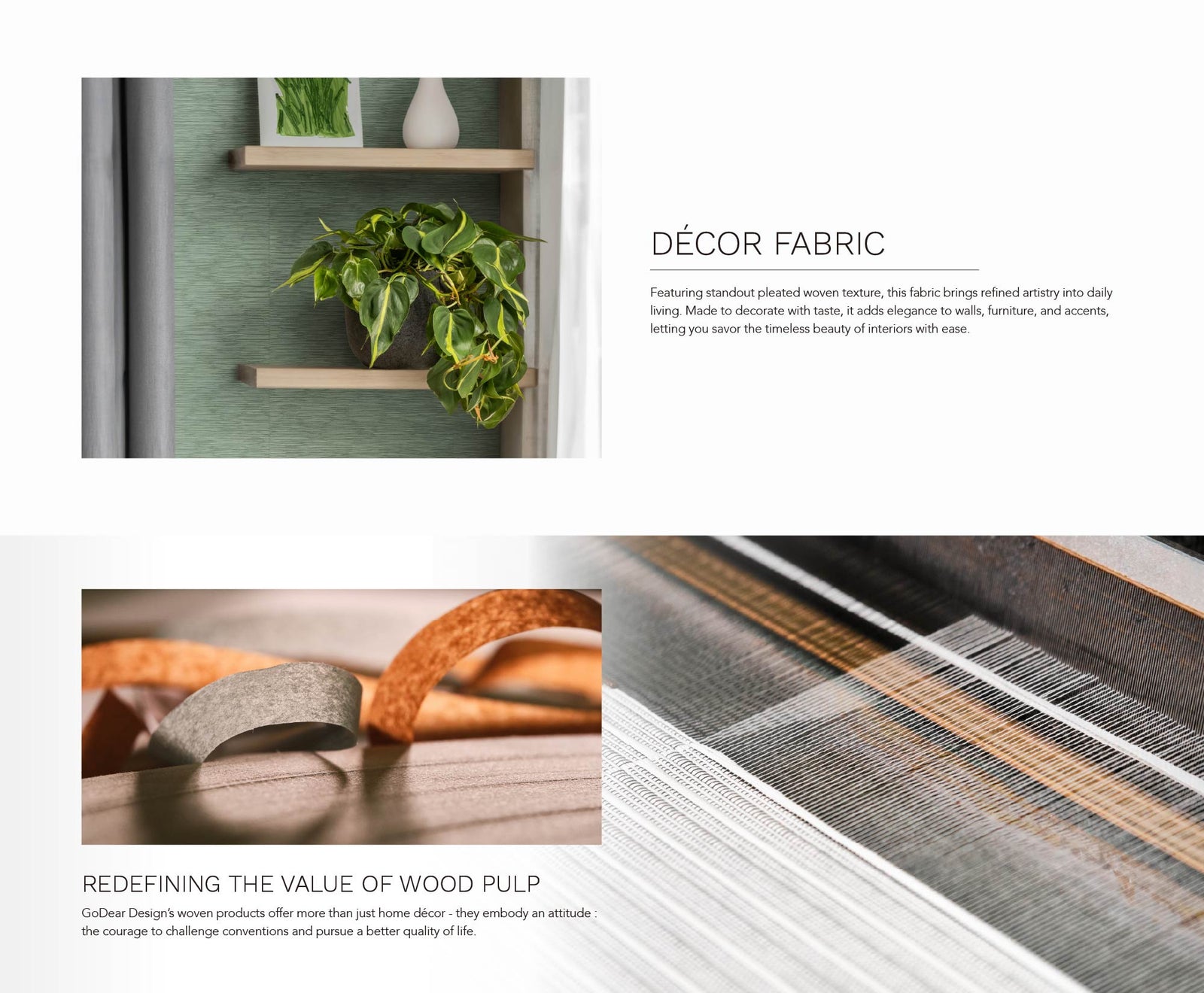 Close-up of a modern interior wall with woven green texture, decorated with wooden shelves, houseplants, and soft natural light highlighting the fabric surface.