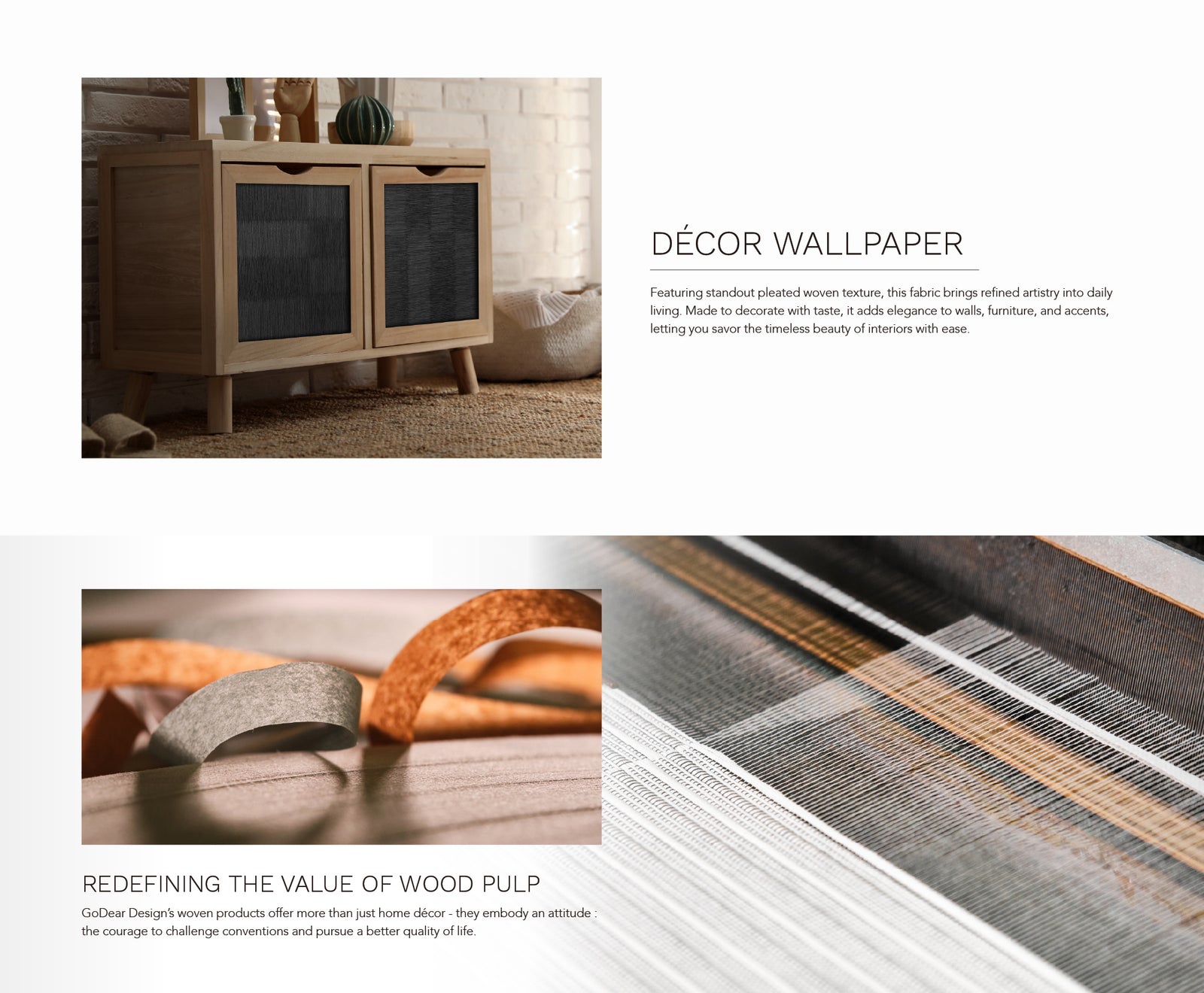 GoDear Design_Decorative wallpaper with wood pulp texture shown on a cabinet and fabric.