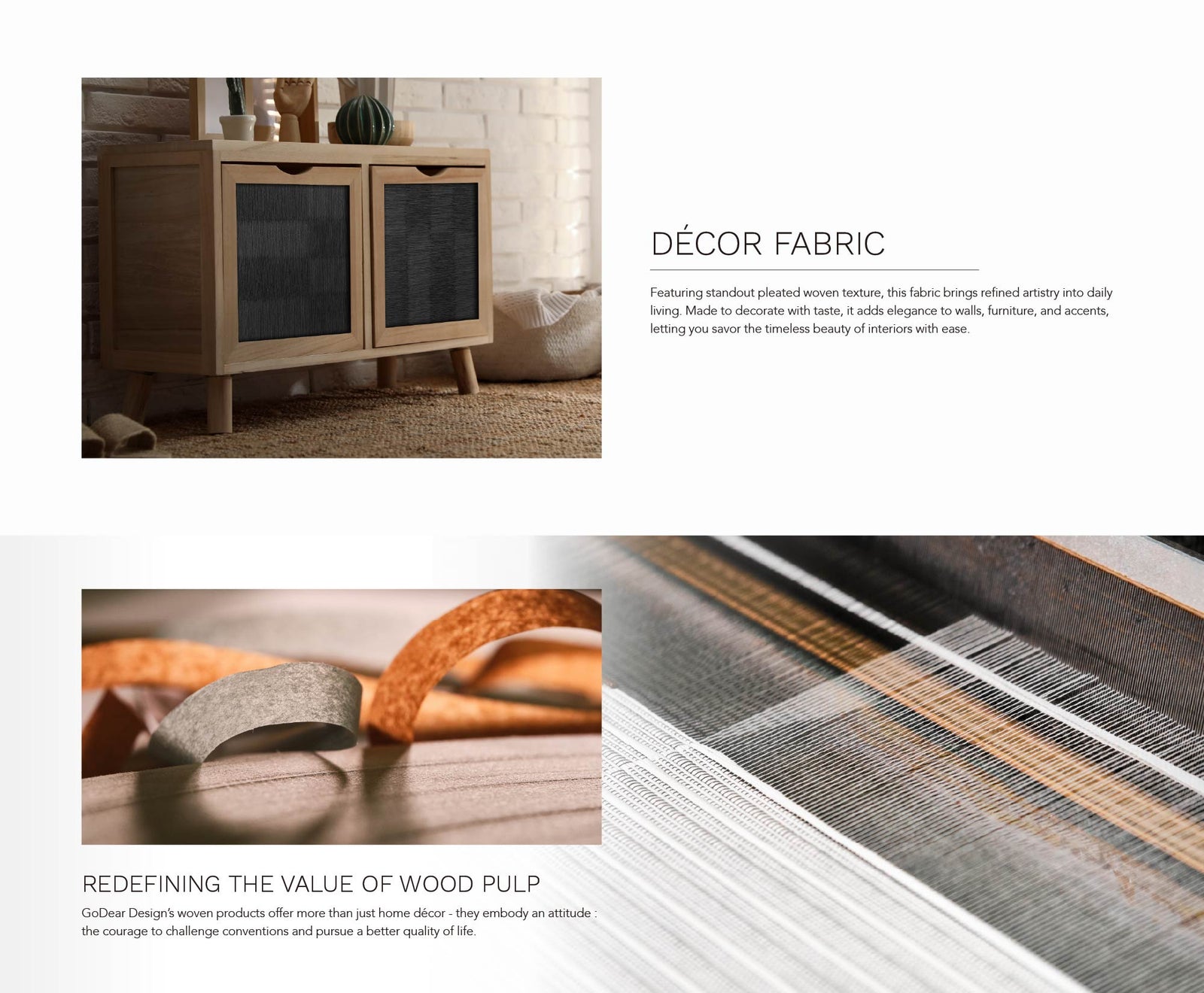 Minimalist wooden cabinet with dark textured panels, styled with cactus plant, ceramic decor, and natural woven rug in cozy interior.