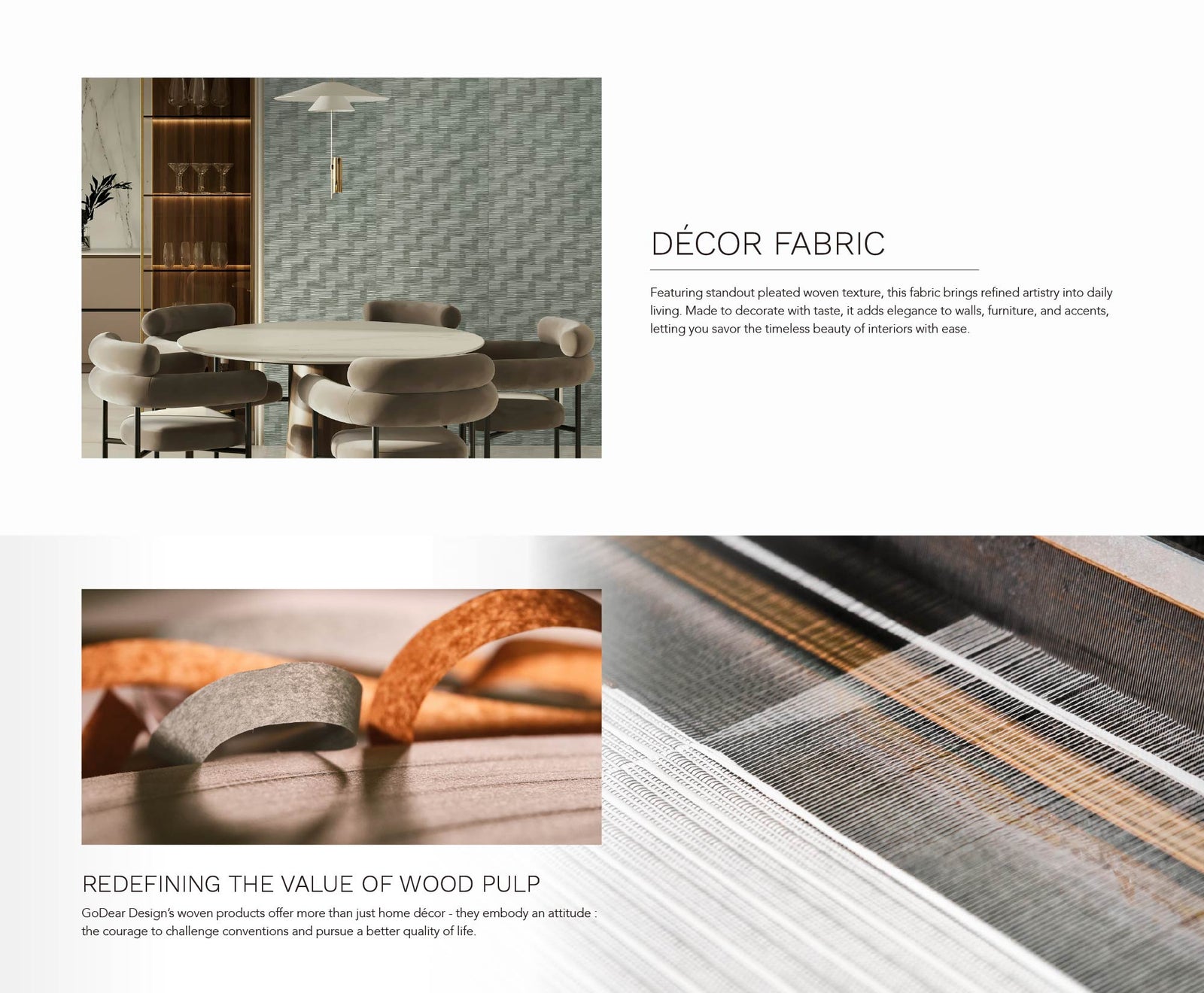 Elegant dining room interior with round table, modern beige chairs, green textured accent wall, and built-in glass cabinet with warm lighting.