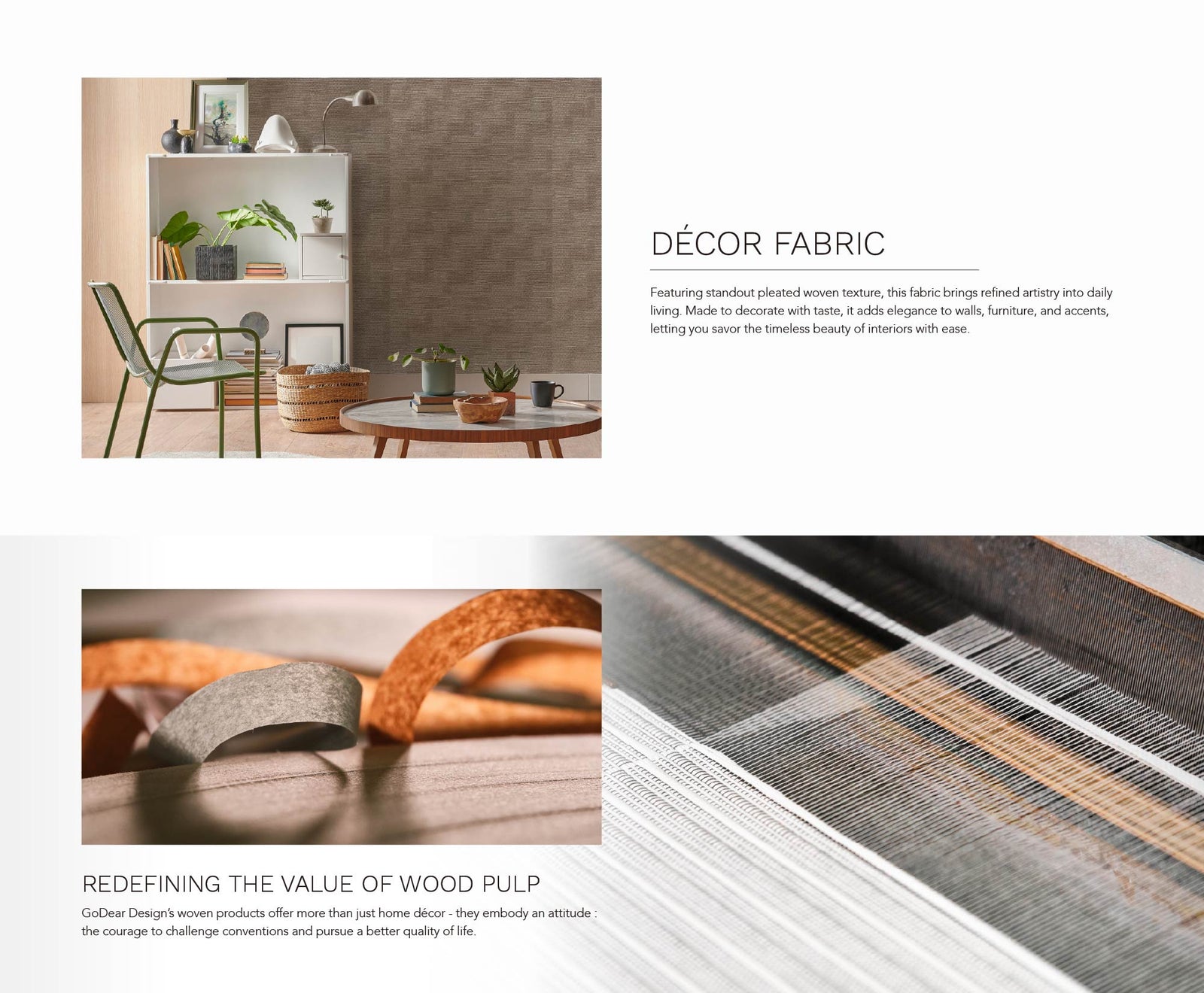 Cozy reading corner with mid century modern wooden chair, green metal desk chair, indoor plants on white bookshelf, round wooden coffee table, and textured brown accent wall.