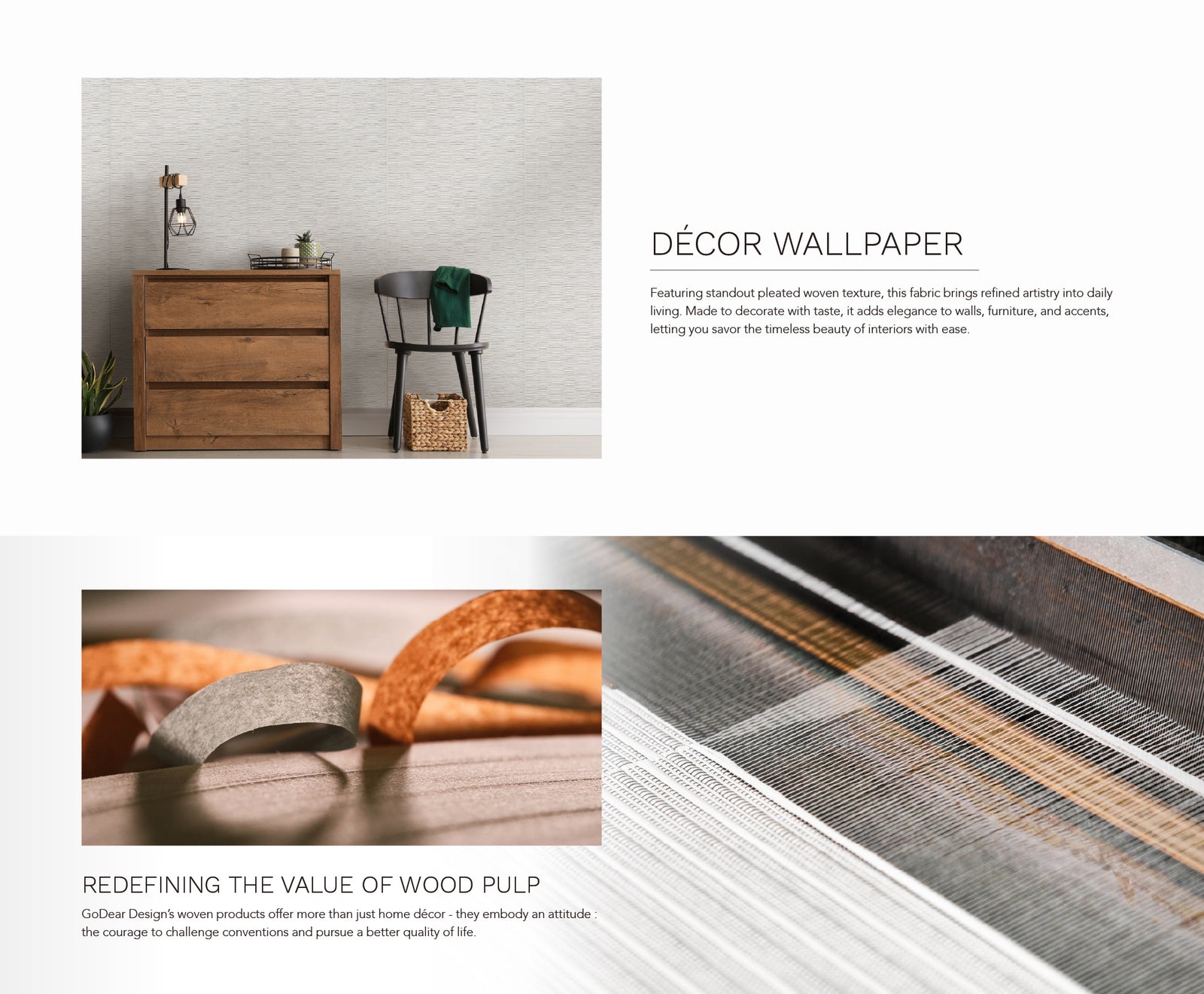 GoDear Design_Decorative wallpaper with wooden furniture and woven textures, featuring text about wood pulp redefinition.