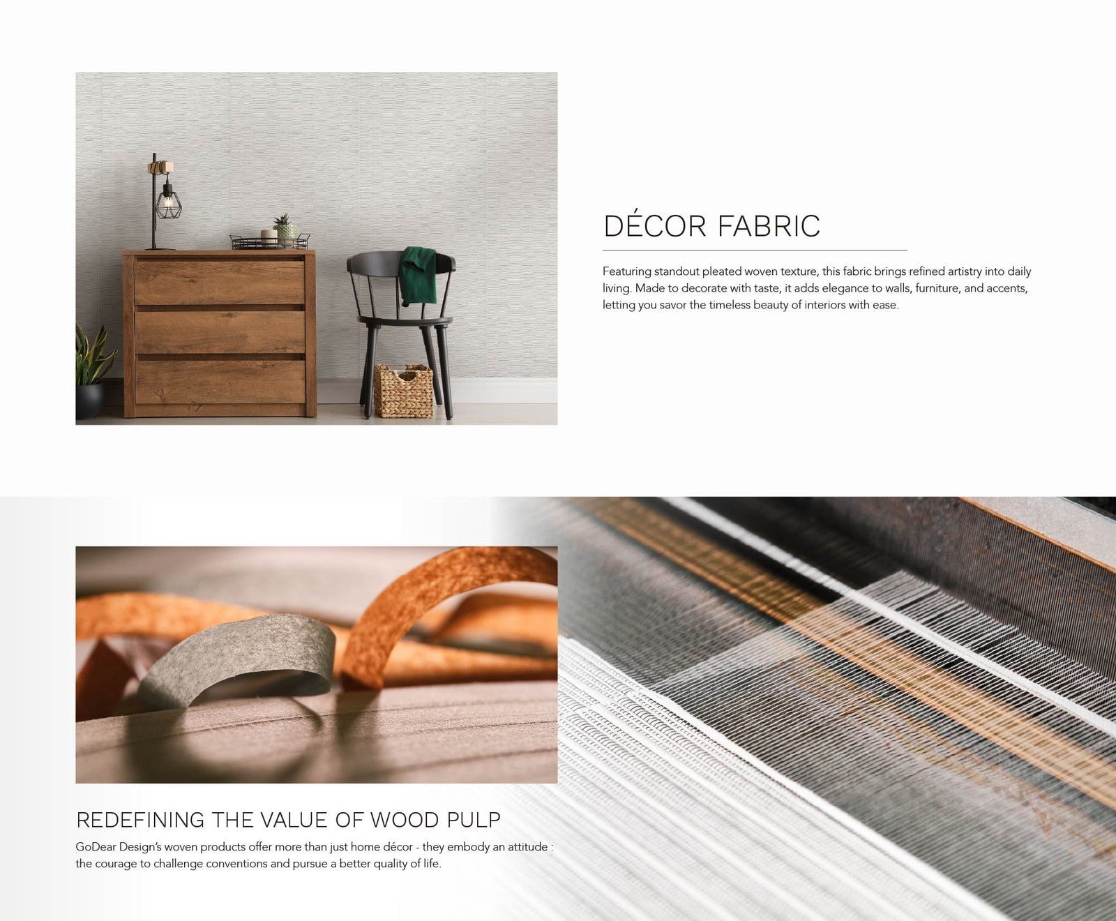 Minimalist bedroom corner with wooden dresser, black modern chair, basket storage, small potted plants, and light textured wall background.