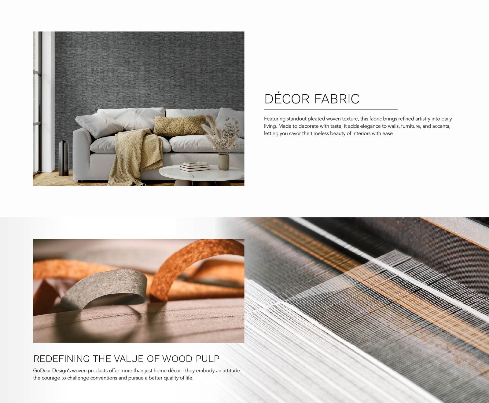 Modern living room with dark textured wall, neutral gray sofa, golden accent pillow, warm throw blanket, and minimalist round coffee table.