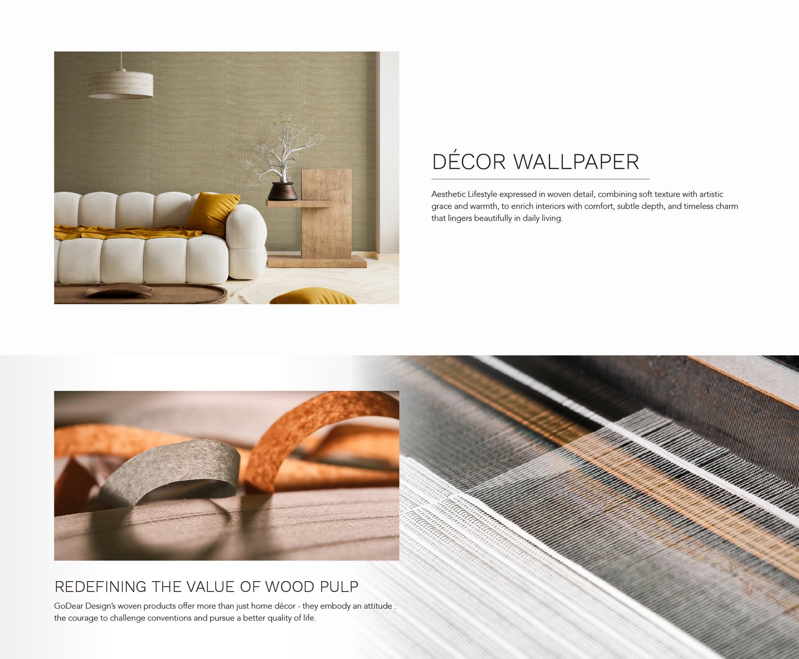 GoDear Design_Decorative wallpaper with a living room setting and close-up of wood texture.