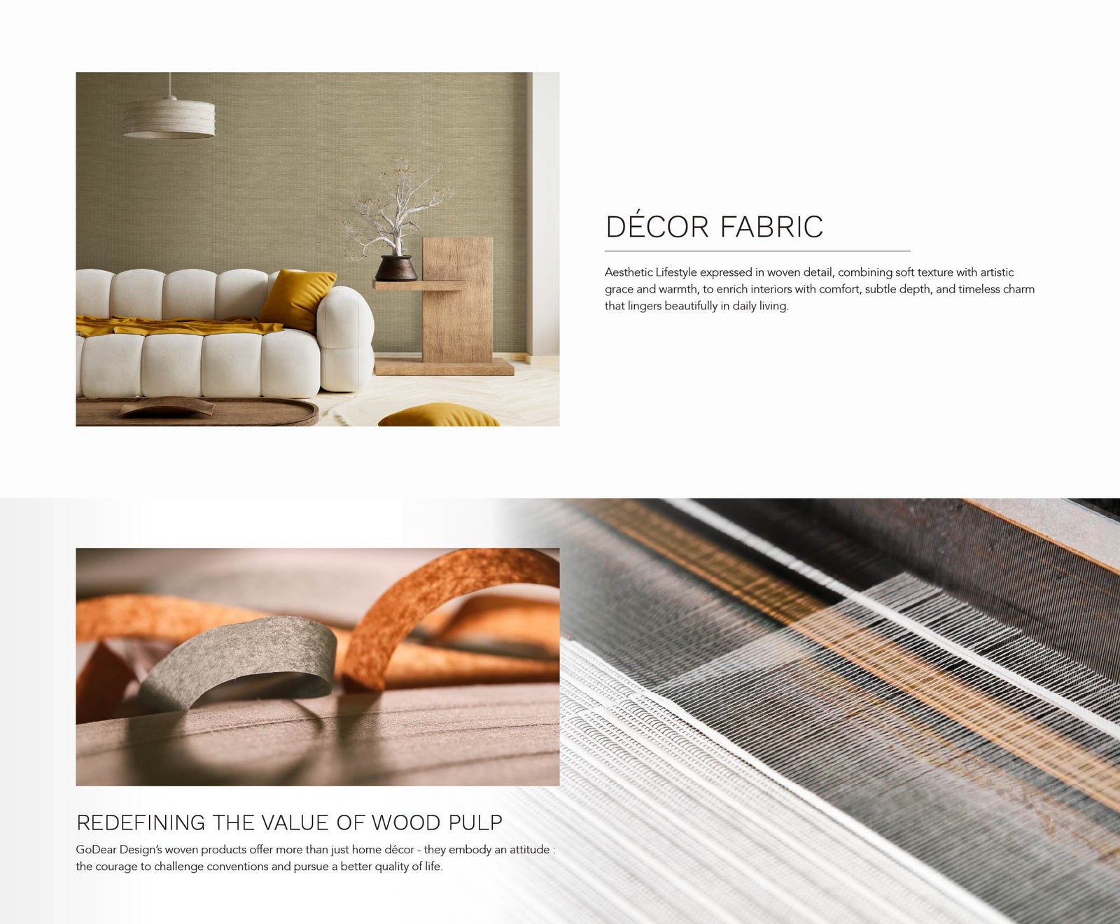 Decorative fabric with a modern interior setting and close-up of fabric texture.