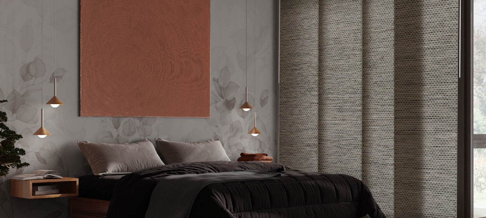 Komorebi panel blinds with a textured weave in muted earth tones, softly filtering light in a cozy bedroom with layered bedding and modern pendant lights.