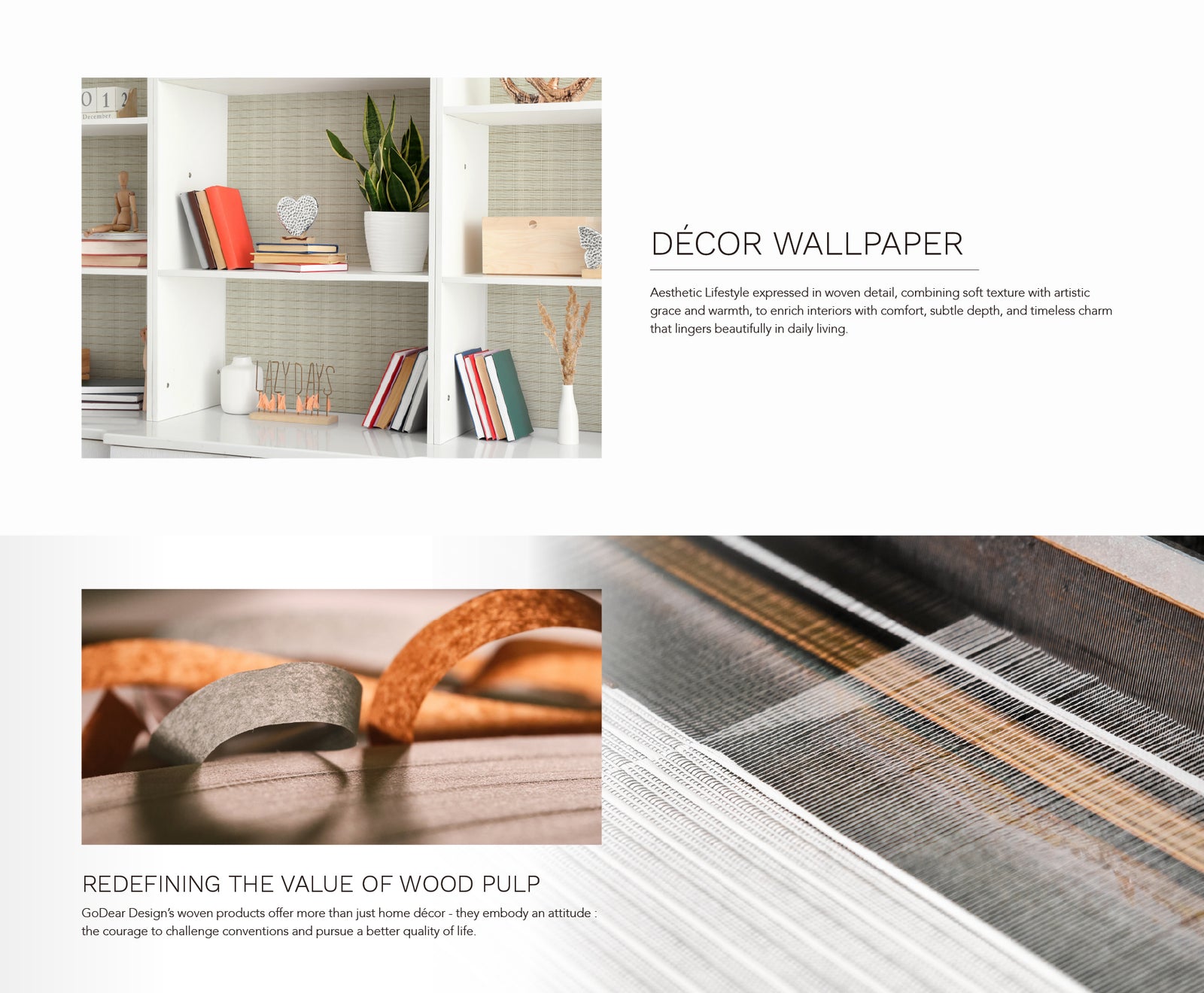 GoDear Design_Decorative wallpaper with a focus on wood pulp and interior design elements.