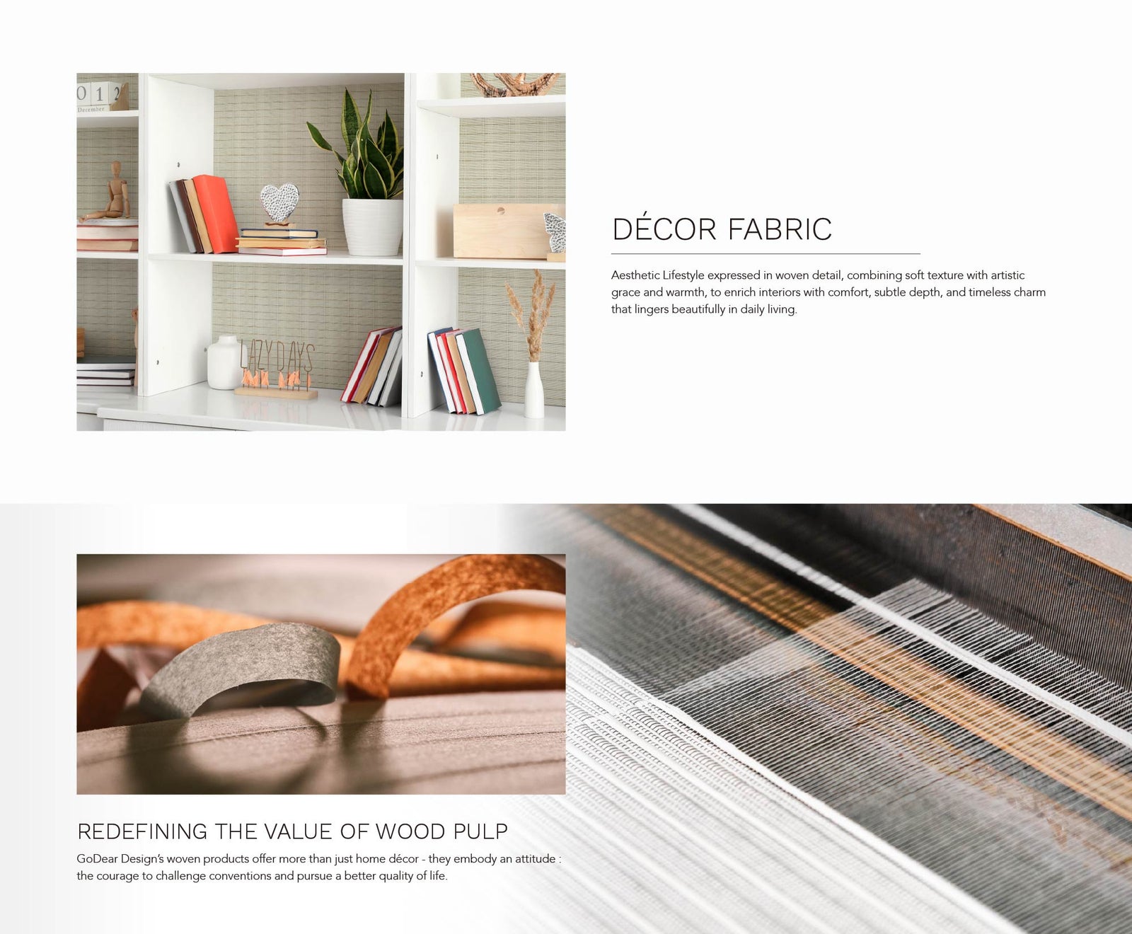 Modern bookshelf styling with woven textured wallpaper background, decorative books, plants, and minimalist home accents.