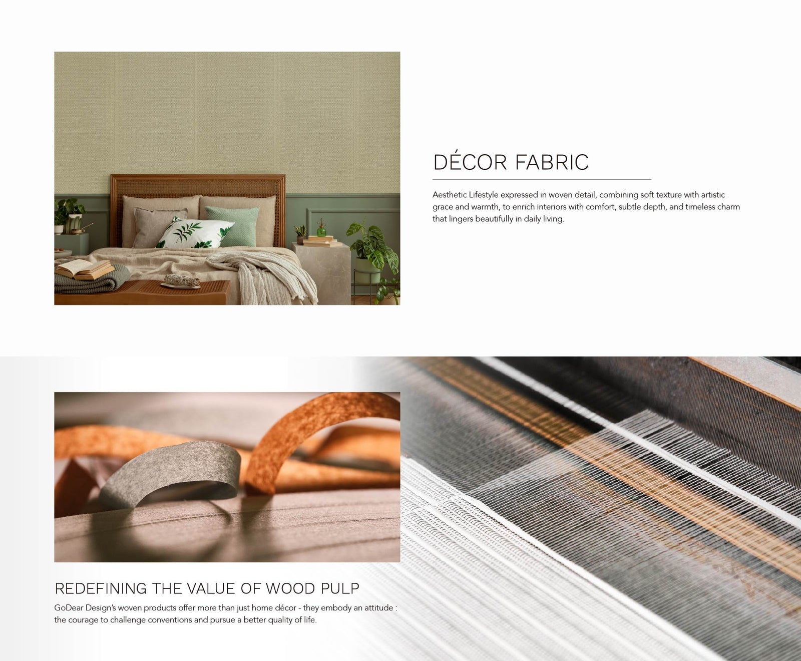 Advertisement for decor fabric with a bed and woven material shown.