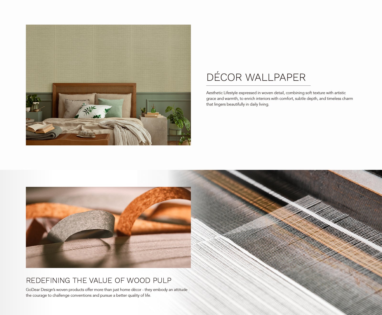 GoDear Design_Decorative wallpaper with a bedroom setting and close-up of wood texture.