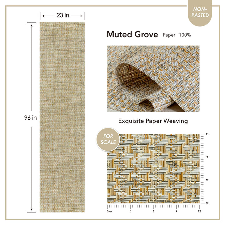 Wallpaper specification sheet showing 23 by 96 inch panel size, close-up of woven paper texture, detailed scale measurement, and non-pasted installation note.