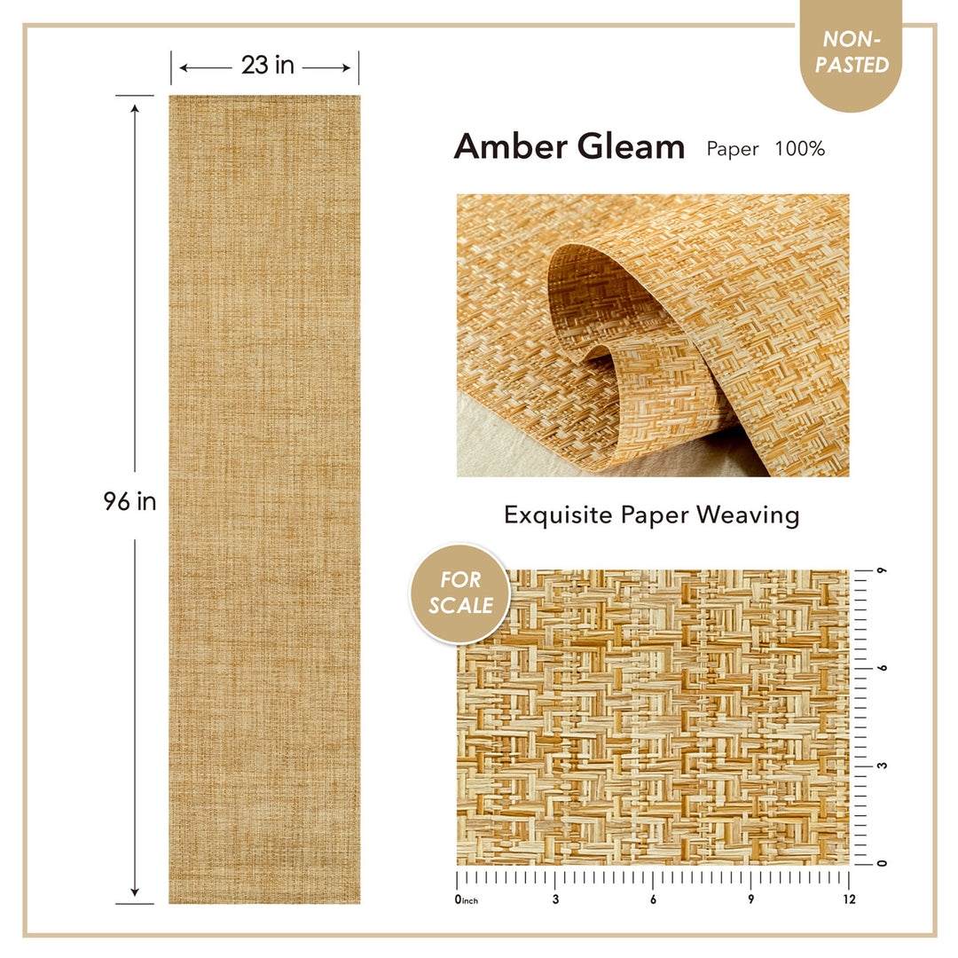 Wallpaper specification sheet showing 23 by 96 inch panel size, close-up of golden woven paper texture, detailed scale measurement, and non-pasted installation note.