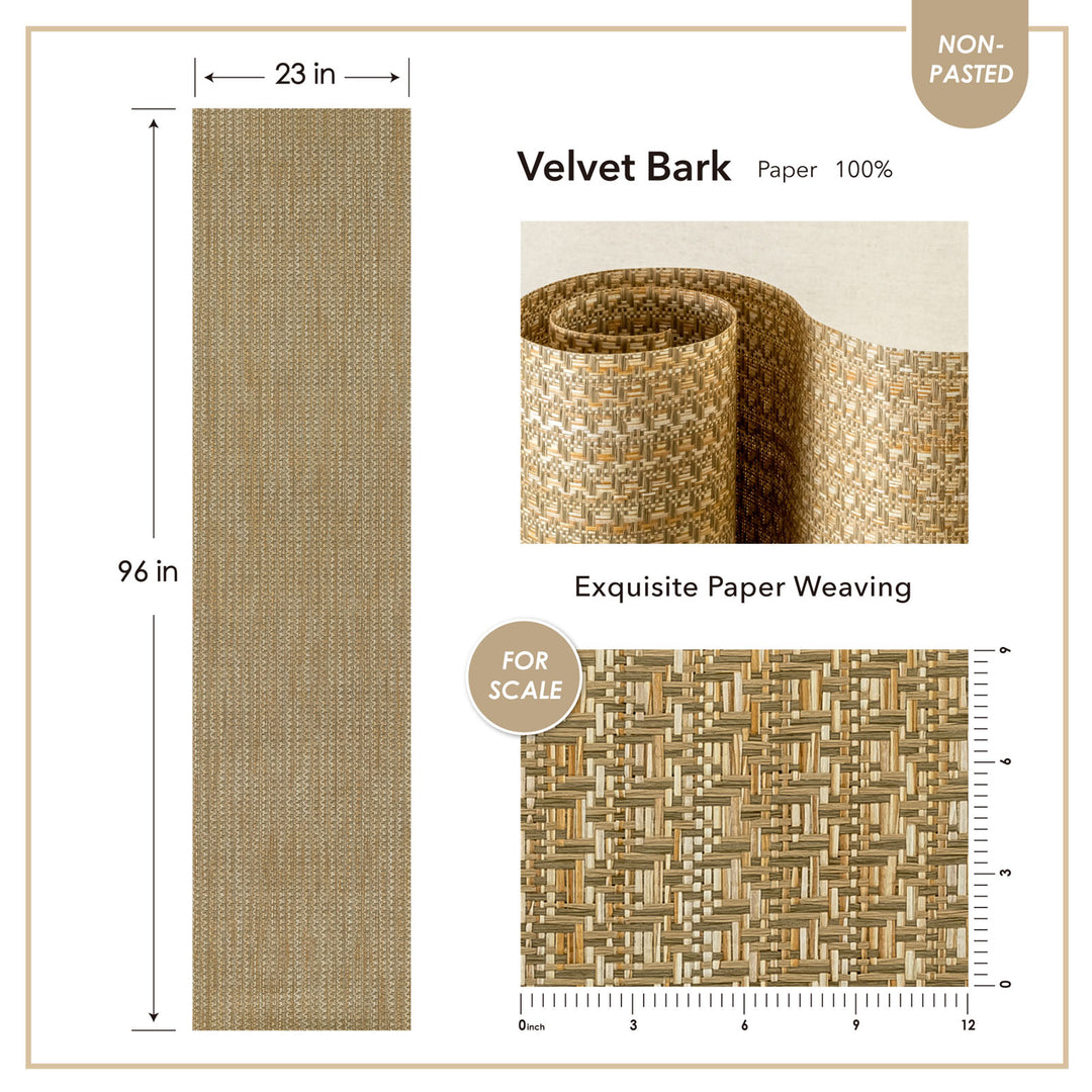 Product specification sheet for “Velvet Bark” non-pasted wallpaper, showing a 23 in by 96 in roll, close-up of the woven paper texture, and a detailed scale image highlighting the intricate basketweave pattern.