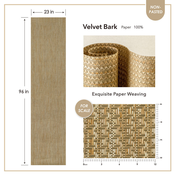 Product specification sheet for “Velvet Bark” non-pasted wallpaper, showing a 23 in by 96 in roll, close-up of the woven paper texture, and a detailed scale image highlighting the intricate basketweave pattern.