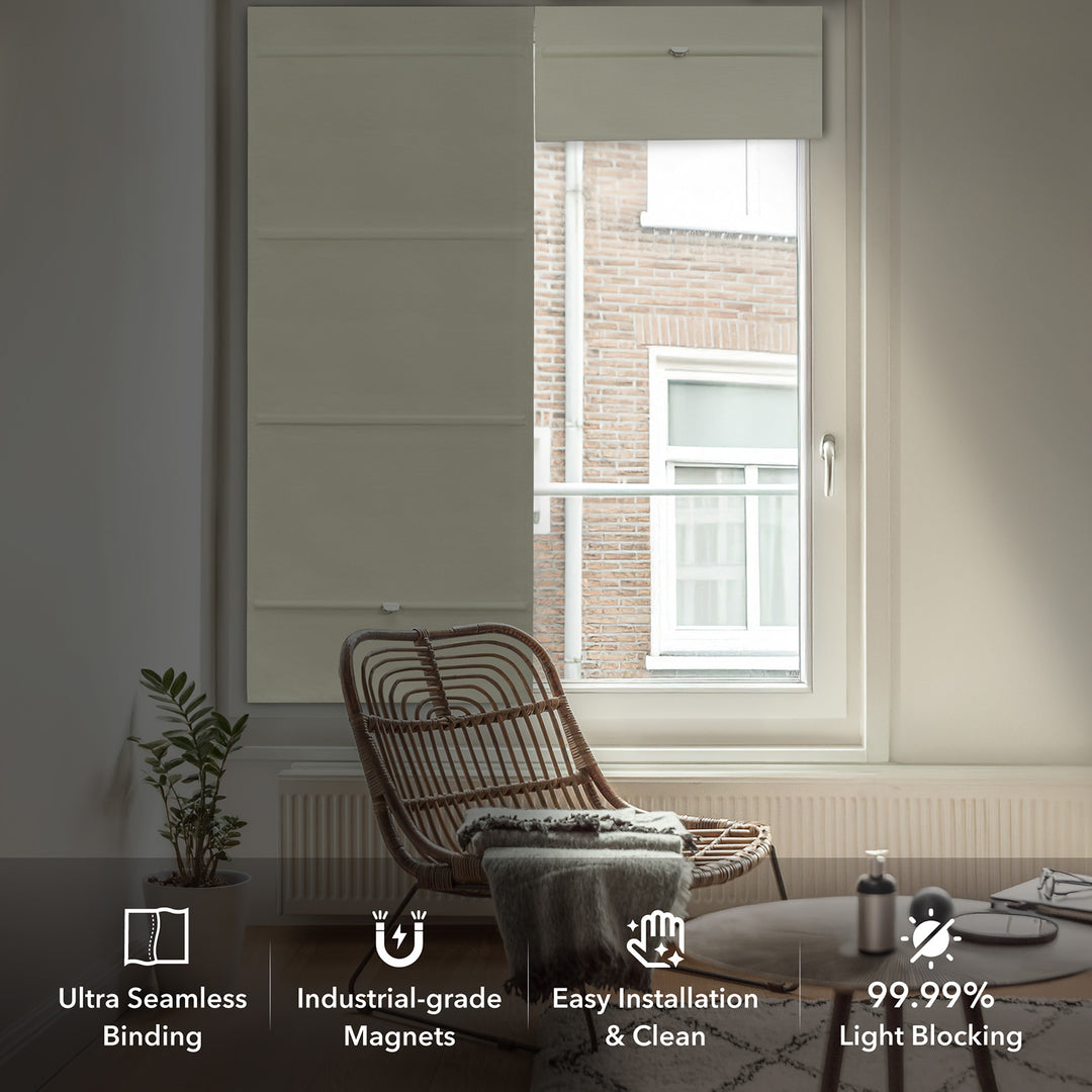 GoDear Design Living room with a window and a chair, featuring text about product features.