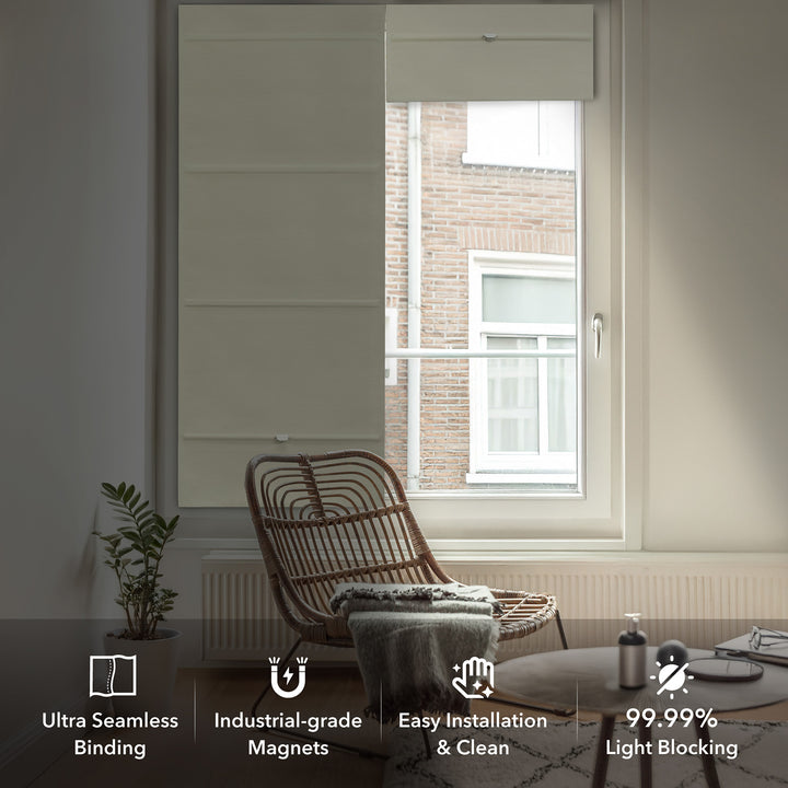 GoDear Design Living room with a window and a chair, featuring text about product features.