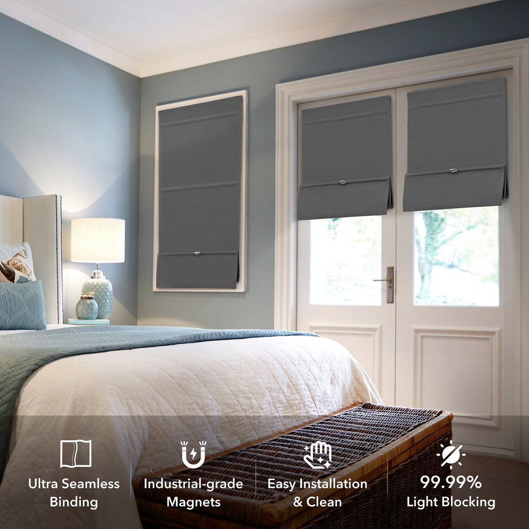 GoDear Design Bedroom with gray roman shades on a window, featuring text about product features.