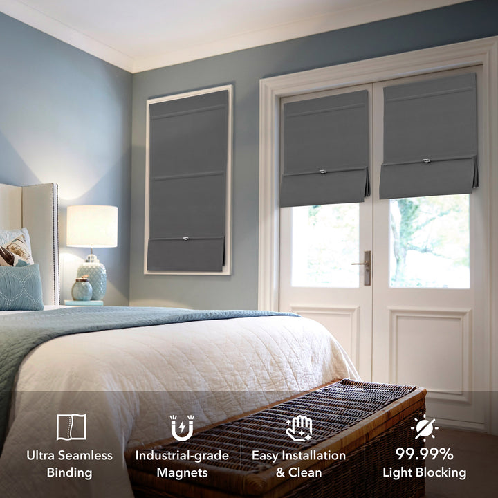 GoDear Design Bedroom with gray roman shades on a window, featuring text about product features.