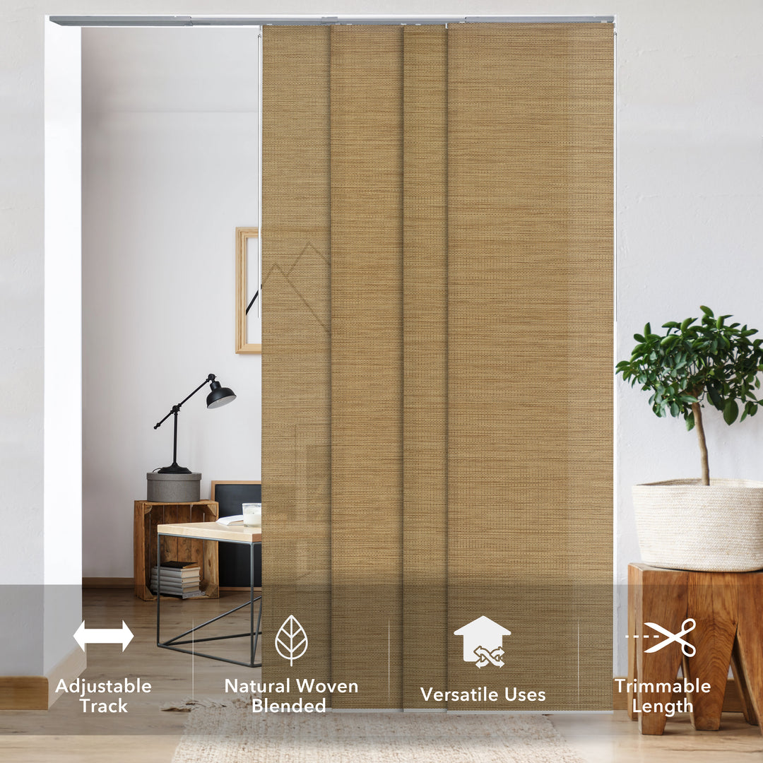 GoDear Design_Wooden woven blind with adjustable track, natural material, versatile uses, and trimmable length features.
