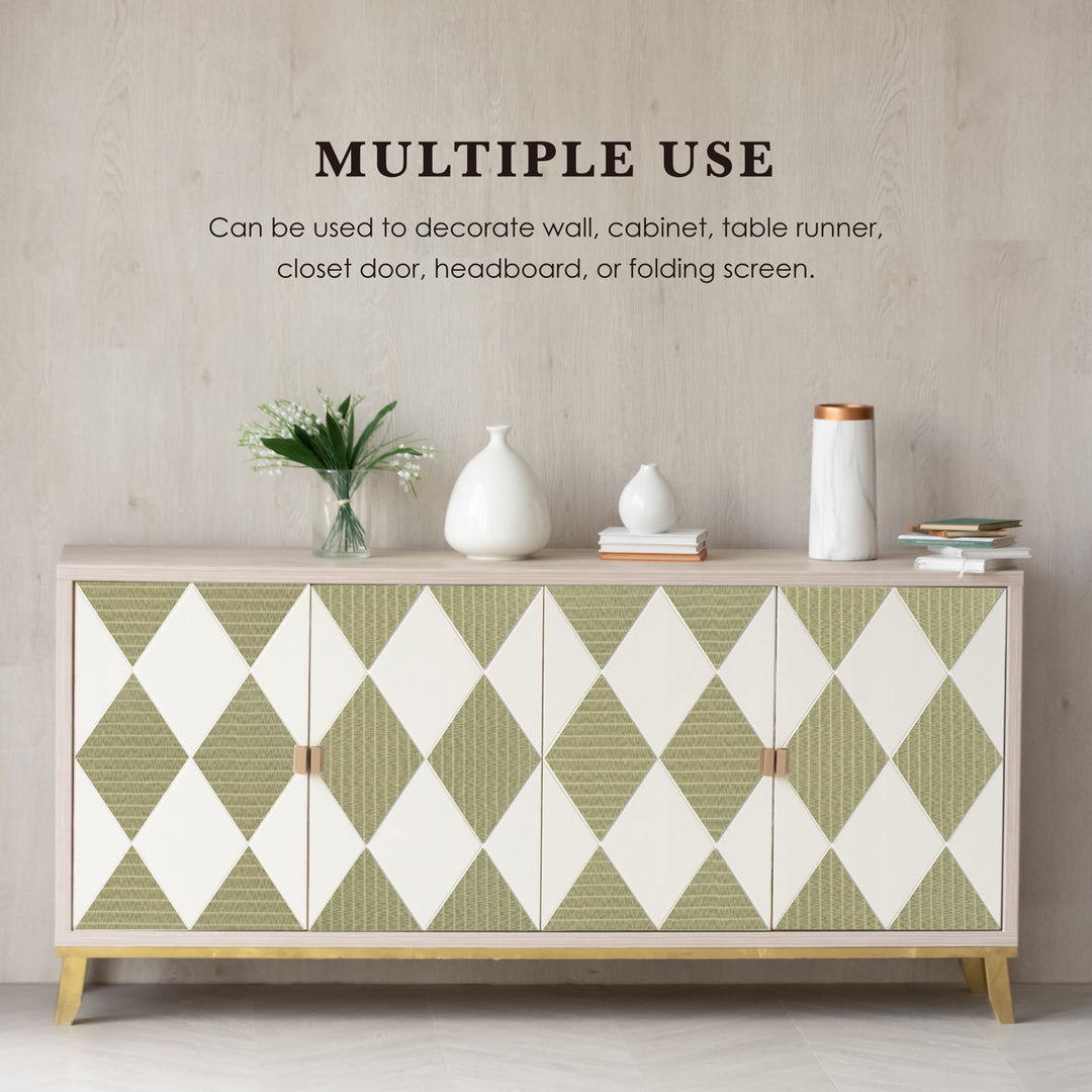 Cabinet with geometric pattern on doors against a neutral wall