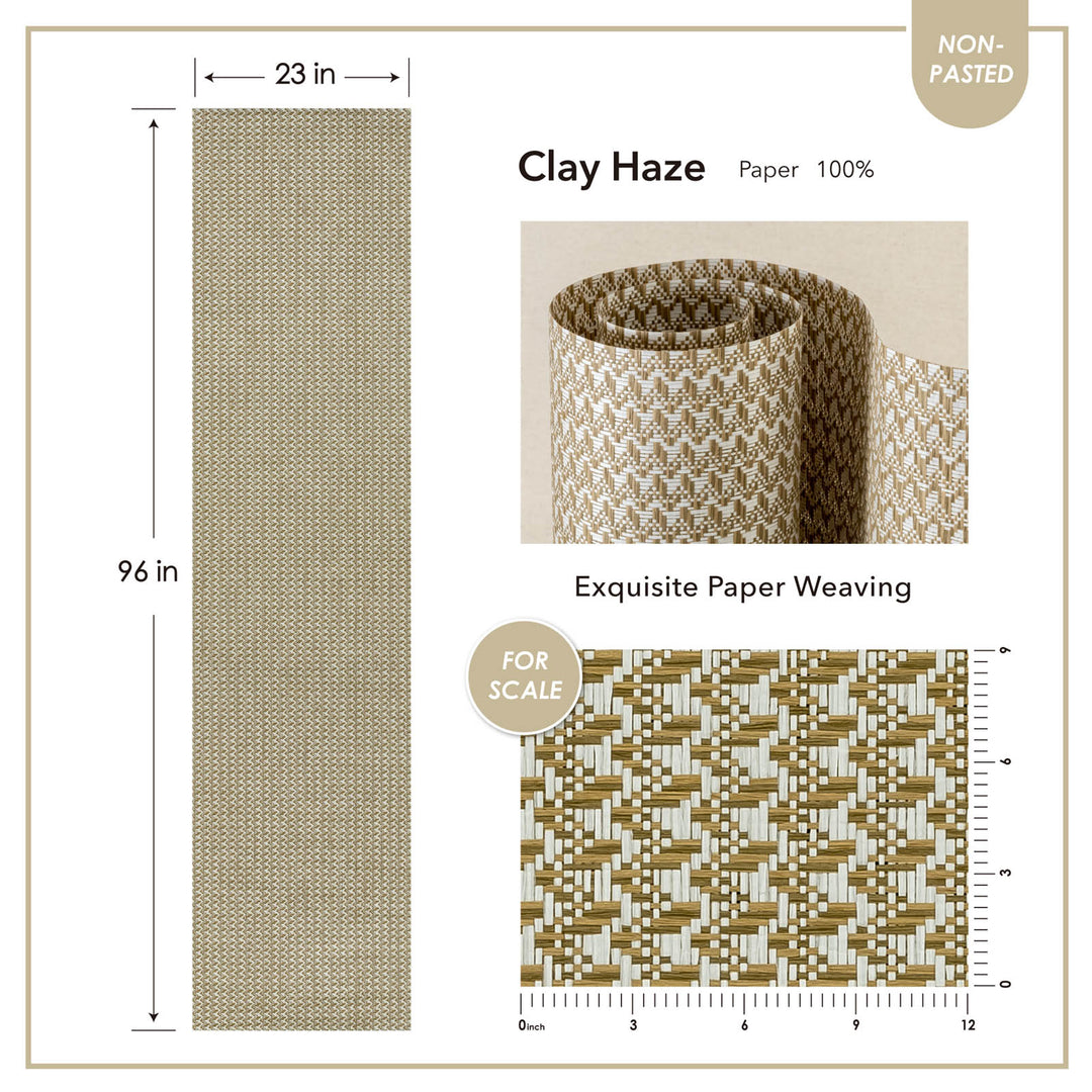 Clay Haze paper roll with dimensions, texture details, and scale measurement on a white background.