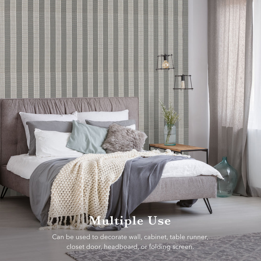 GoDear Bedroom with striped wallpaper, bed, and decor elements.