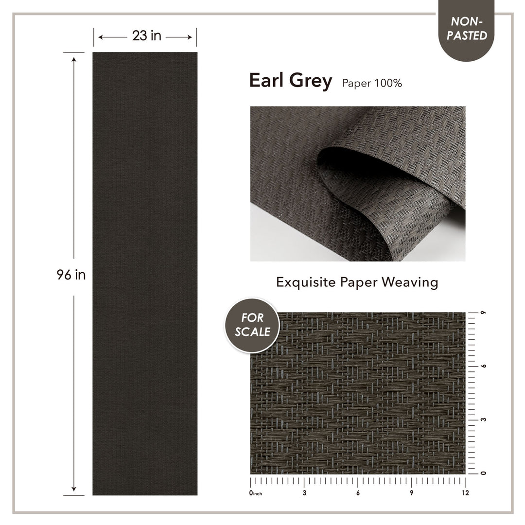 Exquisite paper with Earl Grey color swatch, dimensions, and texture details on a white background.
