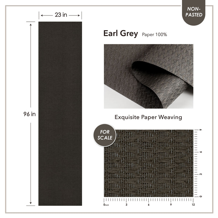 Exquisite paper with Earl Grey color swatch, dimensions, and texture details on a white background.