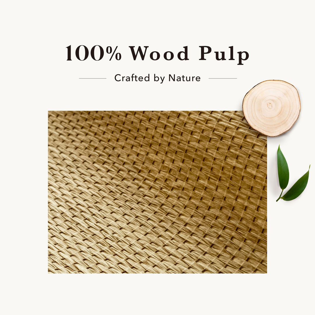 Text '100% Wood Pulp Crafted by Nature' with a woven wood pulp product and a wooden disc on a white background.