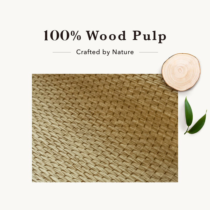 7GoDear Design_Text '100% Wood Pulp Crafted by Nature' with a woven wood pulp product and a wooden slice on a white background.