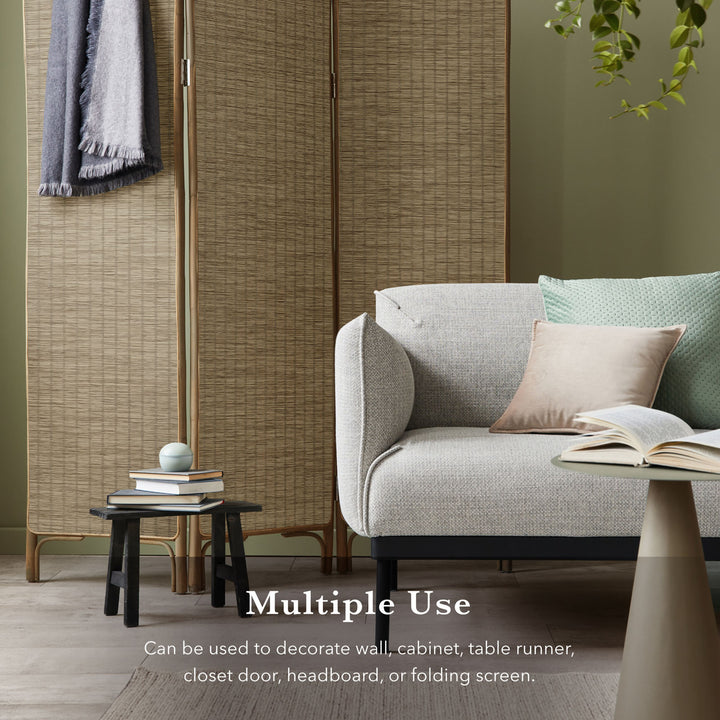 Living room with a gray sofa, small table, and woven screen with text 'Multiple Use'.