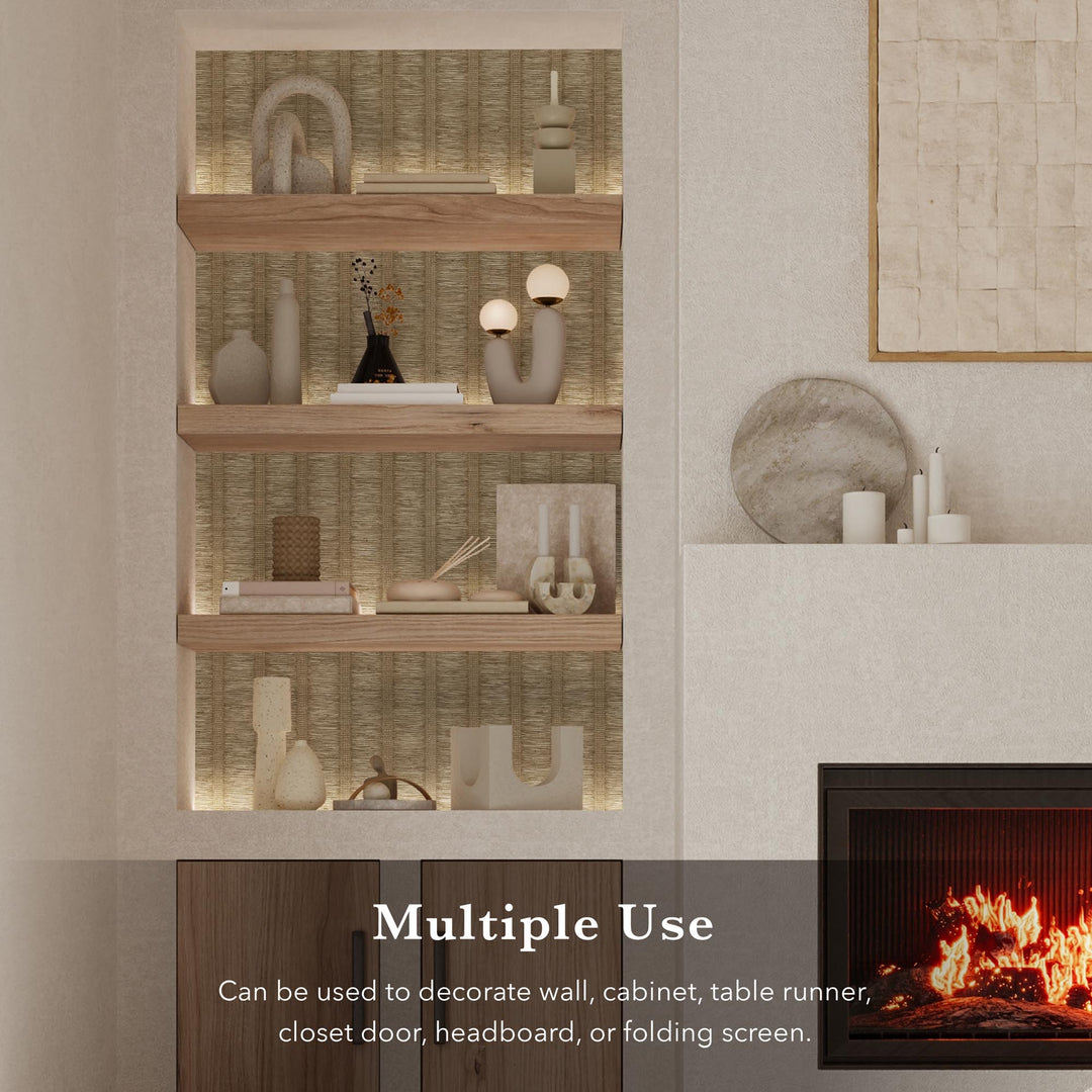 Built-in wooden shelves with decorative items and a back panel covered in natural textured vertical stripe wallpaper, next to a modern fireplace.
