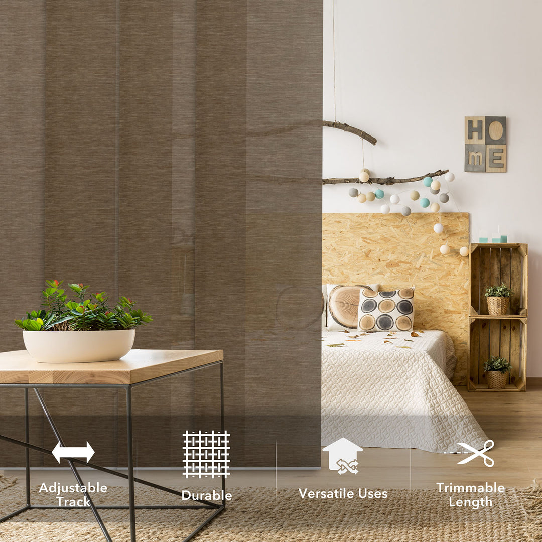 GoDear Design_Bedroom with wooden headboard and shelves, featuring adjustable track, durable, versatile uses, and trimmable length text.