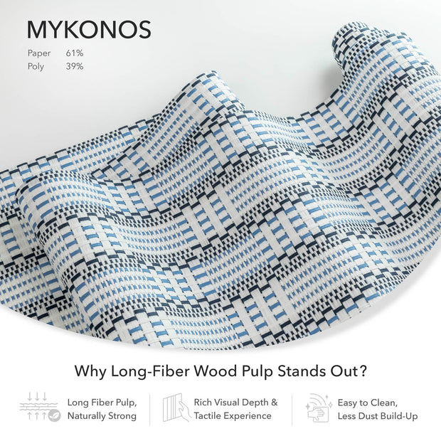 GoDear Textured fabric with geometric pattern on a white background, featuring the brand 'MYKONOS'.