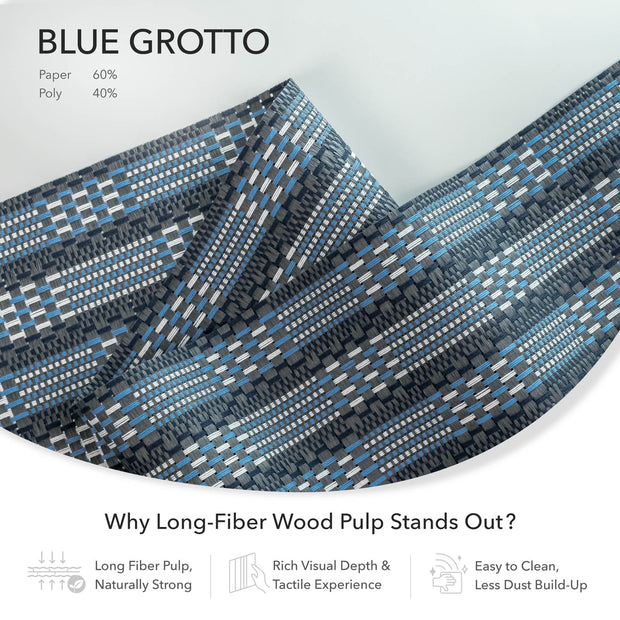 Textile sample with blue and gray pattern on a white background, featuring text about Blue Grotto fabric.