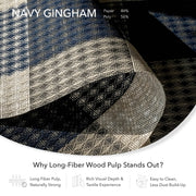GoDear Design Navy gingham fabric with text about long-fiber wood pulp and its benefits.