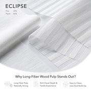 Eclipse fabric with text highlighting features like long-fiber wood pulp, rich visual depth, and ease of cleaning.
