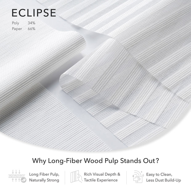 Eclipse fabric with text highlighting features like long-fiber wood pulp, rich visual depth, and ease of cleaning.