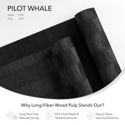 GoDear Design Black fabric roll with text about long-fiber wood pulp and its benefits on a white background