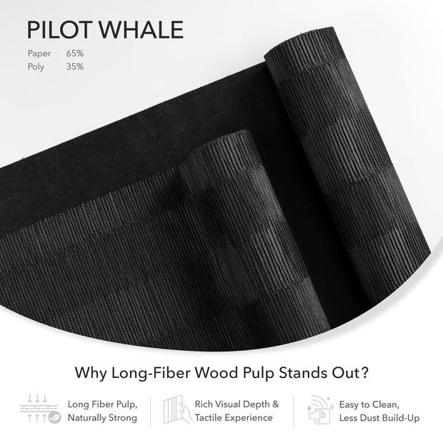 GoDear Design Black fabric roll with text about long-fiber wood pulp and its benefits on a white background