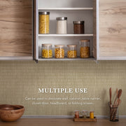 Kitchen interior with wooden cabinets, open shelving of dry goods, and beige textured backsplash panel.