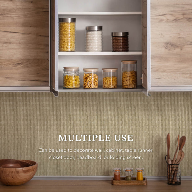 Kitchen interior with wooden cabinets, open shelving of dry goods, and beige textured backsplash panel.