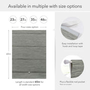 Product dimensions and installation information with gray fabric swatch and text on a white background
