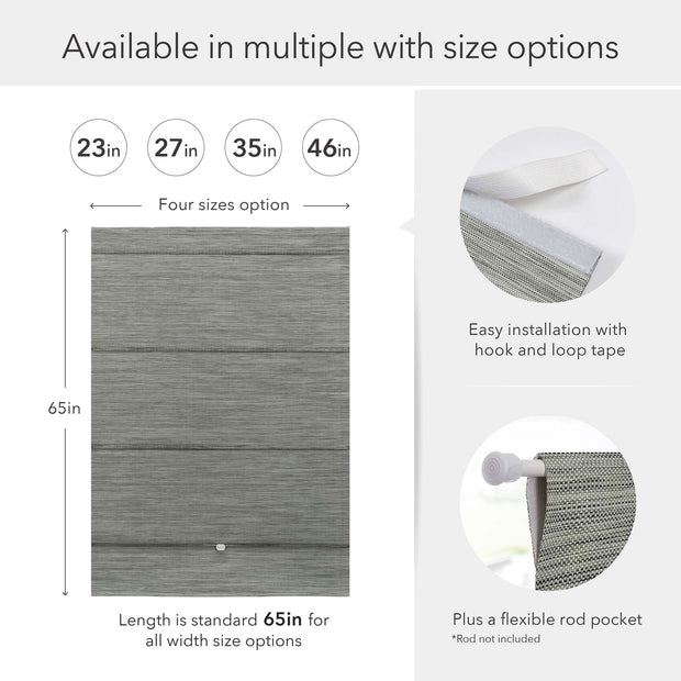 Product dimensions and installation information with gray fabric swatch and text on a white background