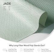 Roll of jade-colored paper with text about long-fiber wood pulp and its benefits.