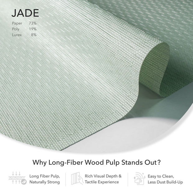 Roll of jade-colored paper with text about long-fiber wood pulp and its benefits.